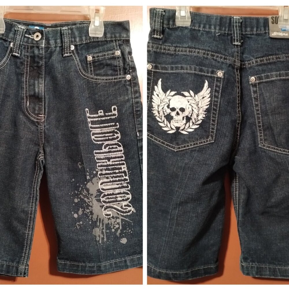BOYS VINTAGE SIZE 12 SOUTHPOLE BLUE JEAN DENIM SHORTS JORTS-SKULLS LOGO